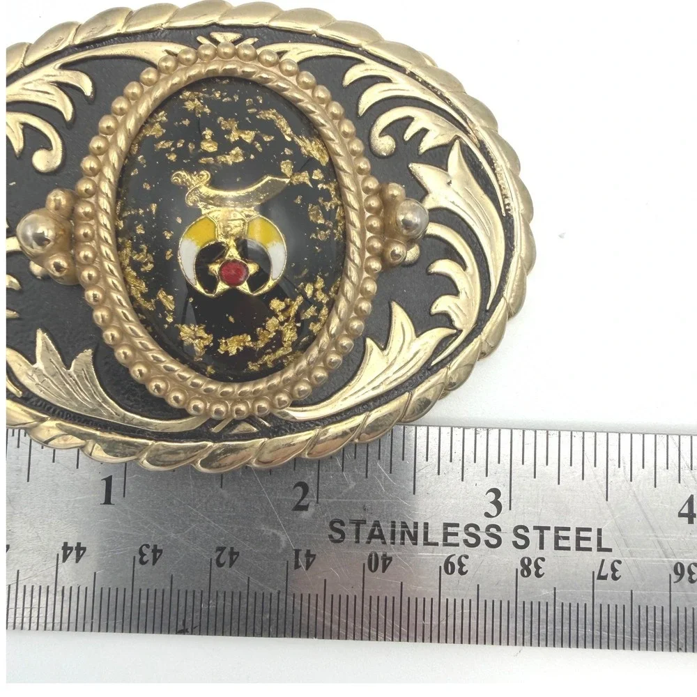 Vintage 3in Shriner Belt Buckle Mens Gold Flecks Black Fraternal‎ Western Bronze